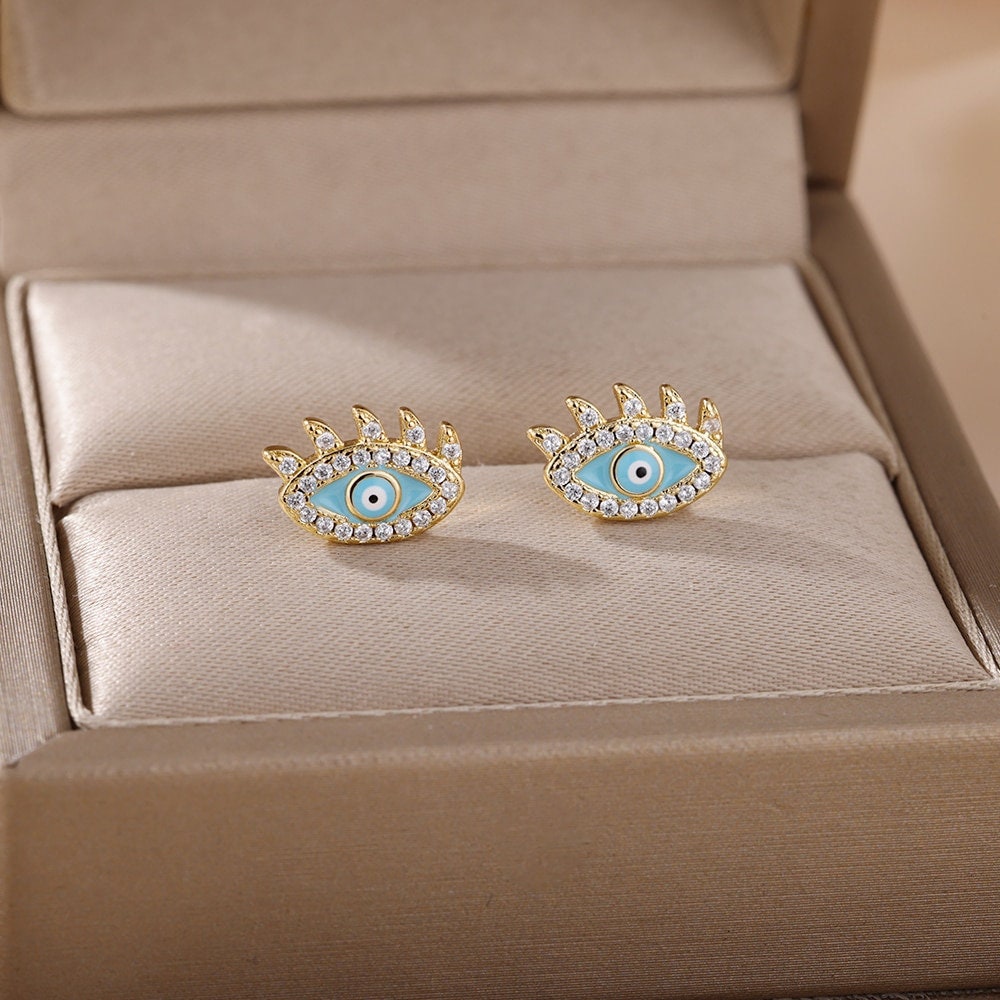 Gothic Evil Eye Earrings, Evil Eye Stud Earrings, 18K Gold Evil Eye Earrings for Women, Gift for Her