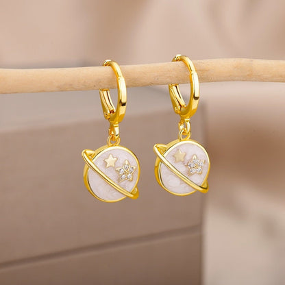 Enamel Planet Earrings, 18K Gold Planet Earrings, Celestial Earrings. Cosmic Earrings for Women, Gift for Her