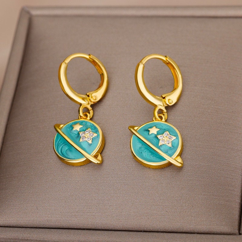 Enamel Planet Earrings, 18K Gold Planet Earrings, Celestial Earrings. Cosmic Earrings for Women, Gift for Her