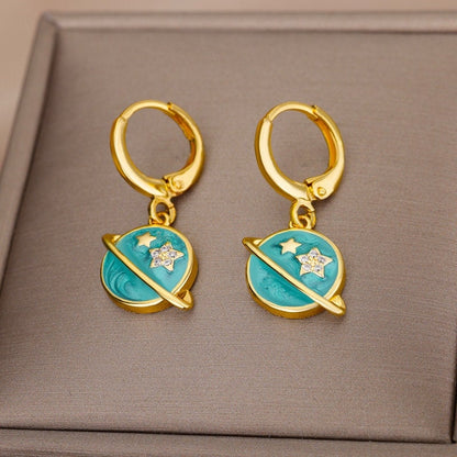 Enamel Planet Earrings, 18K Gold Planet Earrings, Celestial Earrings. Cosmic Earrings for Women, Gift for Her