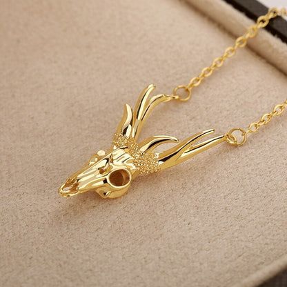 Punk Deer Skull Pendant, 18K Gold Layered Necklace, Gothic Dainty Minimalist Jewelry, Delicate