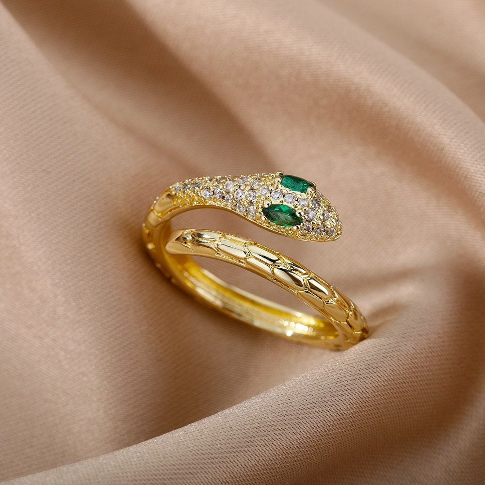 Punk Snake Crystal Wrap, 18K Gold Gothic Stackable Ring, Dainty Minimalist Jewelry, Delicate Handmade for Women, Gift for Her