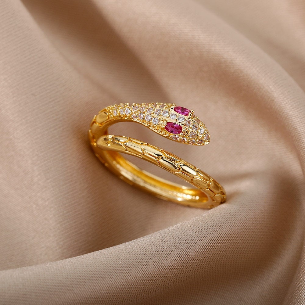 Punk Snake Crystal Wrap, 18K Gold Gothic Stackable Ring, Dainty Minimalist Jewelry, Delicate Handmade for Women, Gift for Her
