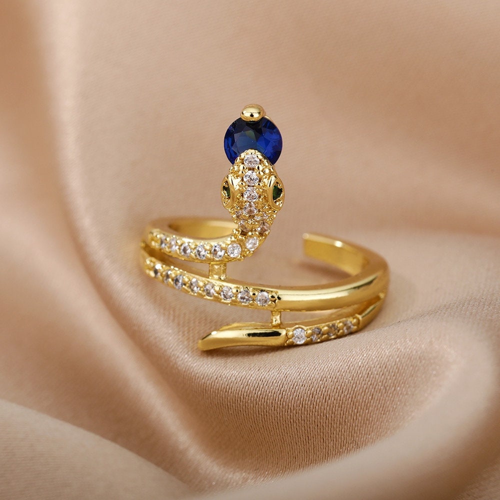 Punk Crystal Snake , 18K Gold Gothic Stackable Ring, Dainty Minimalist Jewelry, Delicate Handmade for Women, Gift for Her