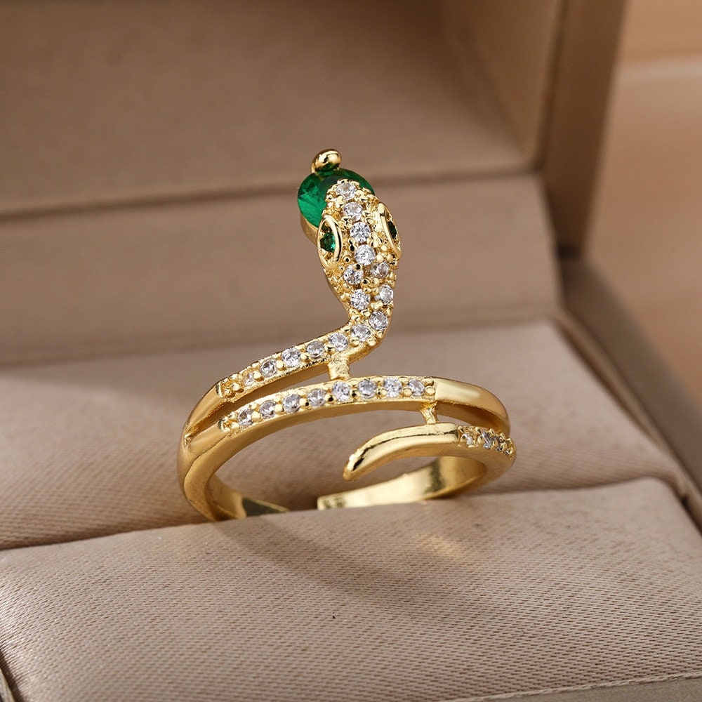 Punk Crystal Snake , 18K Gold Gothic Stackable Ring, Dainty Minimalist Jewelry, Delicate Handmade for Women, Gift for Her