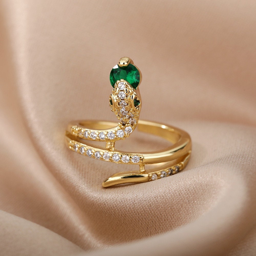 Punk Crystal Snake , 18K Gold Gothic Stackable Ring, Dainty Minimalist Jewelry, Delicate Handmade for Women, Gift for Her