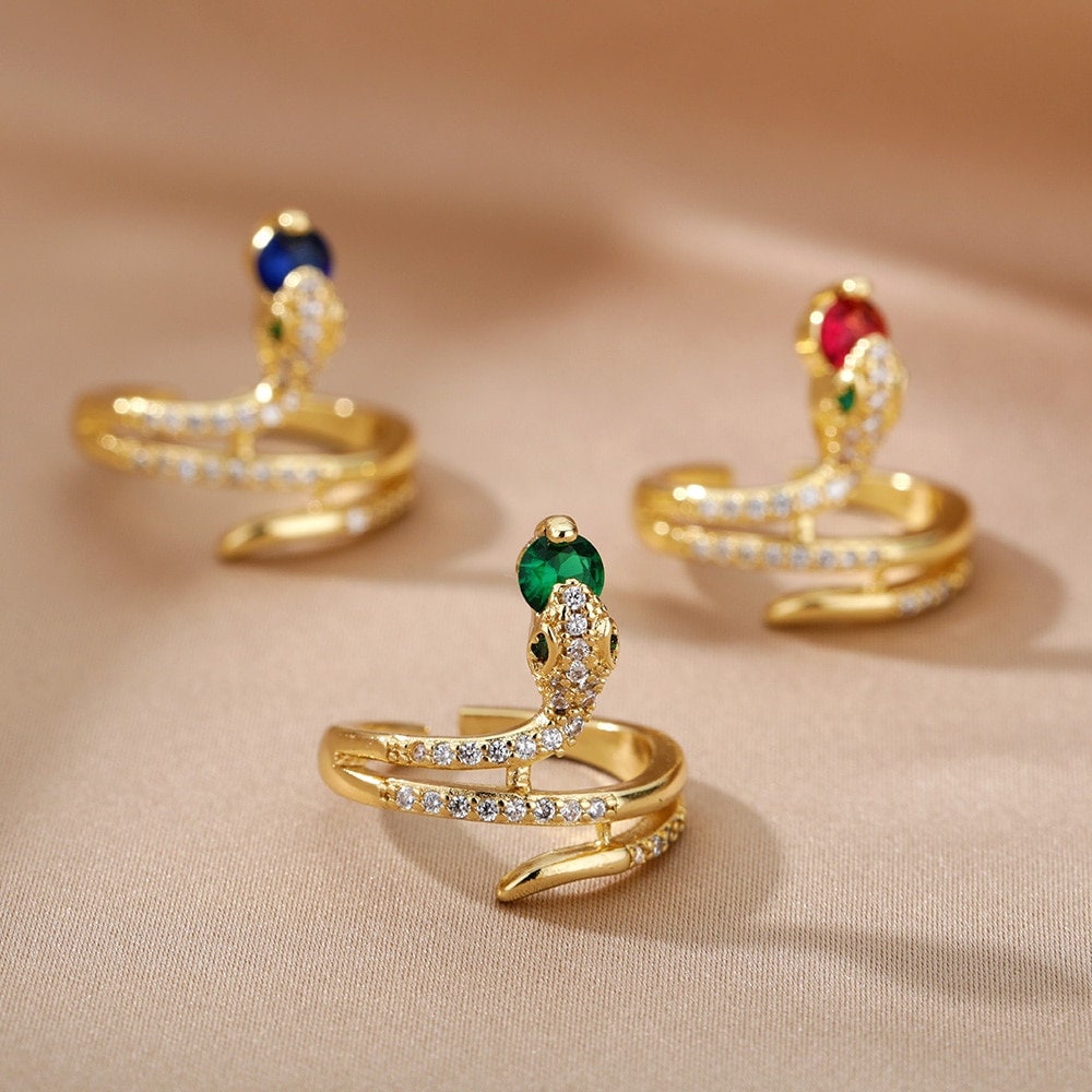 Punk Crystal Snake , 18K Gold Gothic Stackable Ring, Dainty Minimalist Jewelry, Delicate Handmade for Women, Gift for Her