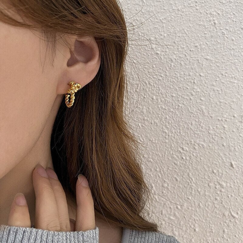 Rope Twist Earrings, 18K Gold Rope Earrings, Punk Fashion Earrings for Women, Gift for Her