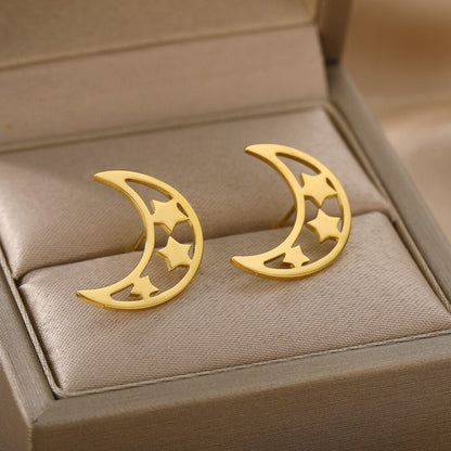 Cute Moon Earrings, 18K Gold Moon Earrings, Moon &amp; Stars Stud Earrings, Moon Earrings for Women, Gift for Her