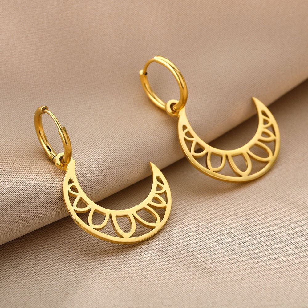 Moon Drop Earrings, 18K Gold Moon Hoop Earrings, Celestial Earrings for Women, Gift for Her