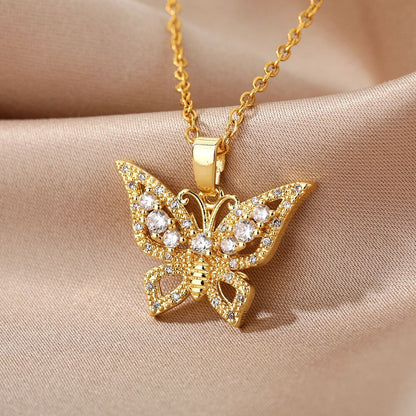 Boho Butterfly Crystal Zircon Pendant, 18K Gold Layered Yogi Necklace, Dainty Minimalist Jewelry, Delicate Handmade for Women, Gift for Her