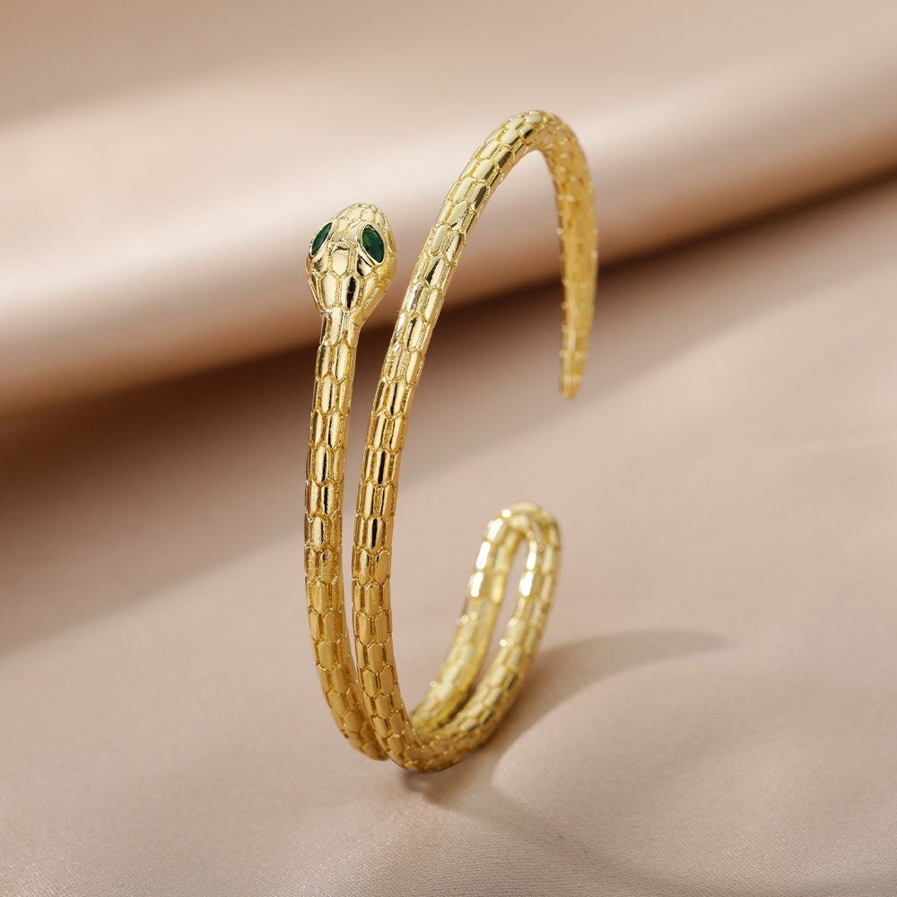 18K Gold Snake Bracelet, Gold Snake Bangle, Gothic Snake Bracelet