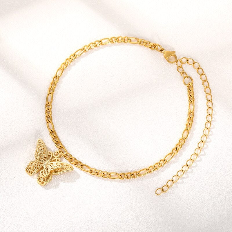 Punk Butterfly Charm , 18K Gold Layered Gothic Anklet, Dainty Minimalist Jewelry, Delicate Handmade for Women, Gift for Her