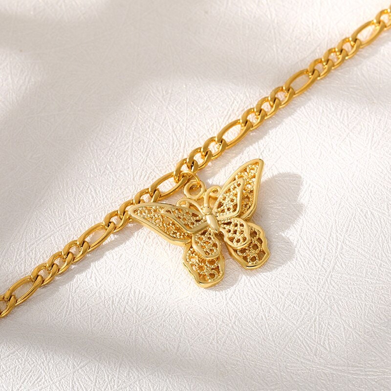 Punk Butterfly Charm , 18K Gold Layered Gothic Anklet, Dainty Minimalist Jewelry, Delicate Handmade for Women, Gift for Her