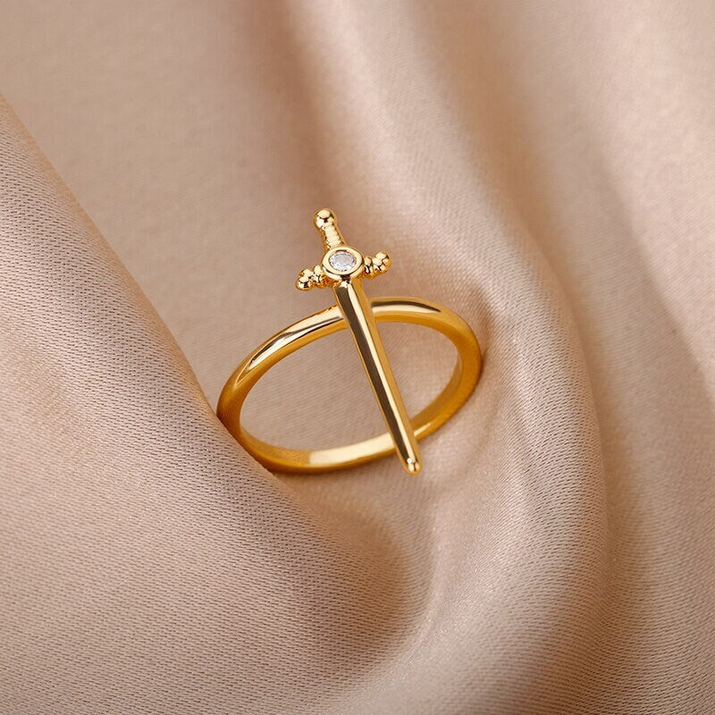 Punk Sword Charm Dagger, 18K Gold Gothic Stackable Ring, Dainty