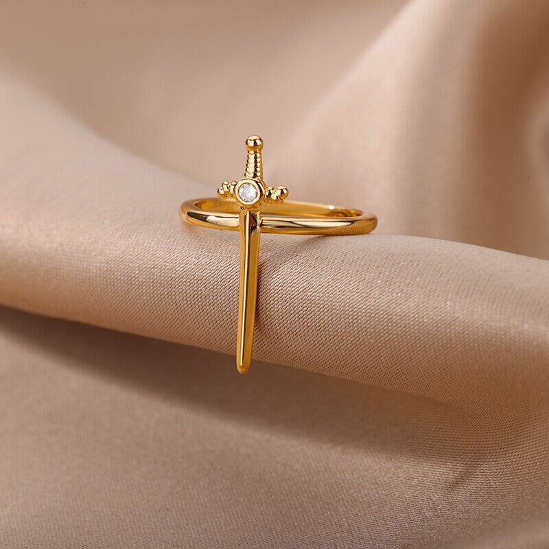 Punk Sword Charm Dagger, 18K Gold Gothic Stackable Ring, Dainty