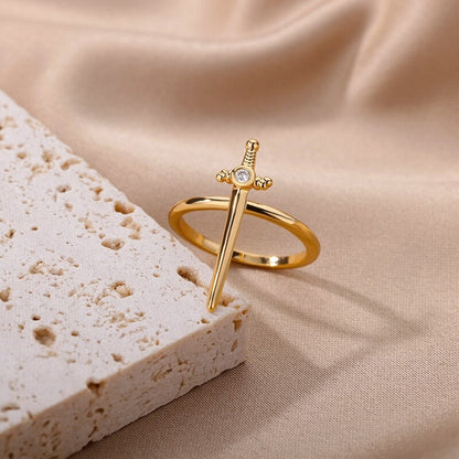 Punk Sword Charm Dagger, 18K Gold Gothic Stackable Ring, Dainty