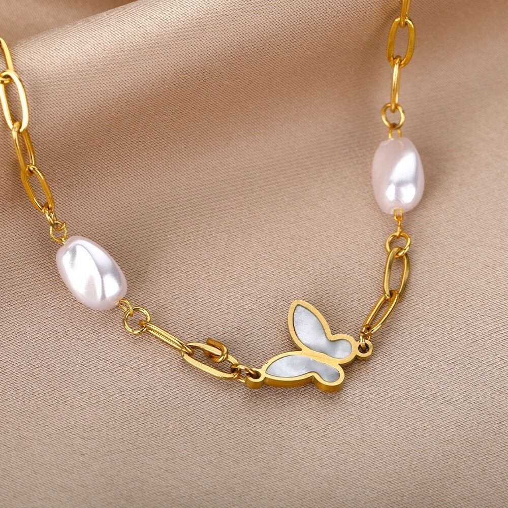 18K Gold Pearl Bracelet, Opal Bracelet, Butterfly Opal Bracelet for Women, Gift for Her