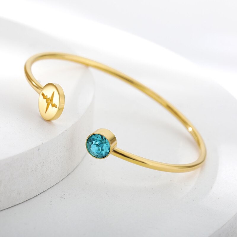 Birthstone Bangle, 18K Gold Birthstone Bracelet, Heart beat bracelet, Birthstone Bracelet for Women, Gift for Her