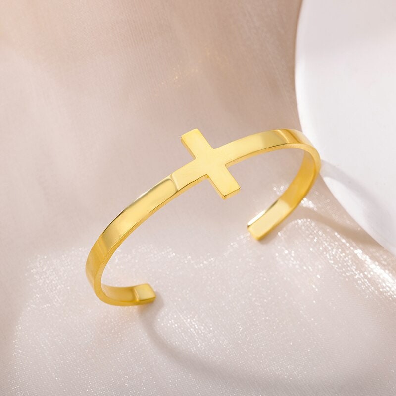 18K Gold Cross Bangle, Gold Jesus Bangle, Christian Bracelet, Christian Bangle for Women, Gift for Her