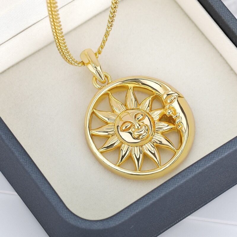 18K Gold Sun Necklace, Gold Moon Necklace, Gothic Fashion Necklace for Women, Gift for Her