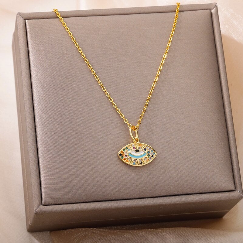 Evil Eye Charm, 18K Gold Evil Eye Necklace, Gothic Fashion Necklace for Women, Gift for Her