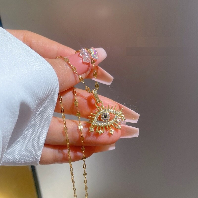 Delicate Evil Eye Necklace, Crystal Evil Eye Necklace, 18K Gold Evil Eye Necklace for Women, Gift for Her