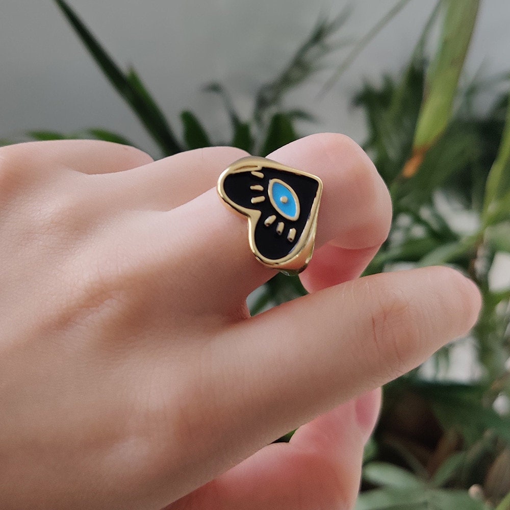 Evil Eye Heart Ring, 18K Gold Evil Eye Ring, Evil Eye Charm, Evil Eye Fashion Ring for Women, Gift for Her