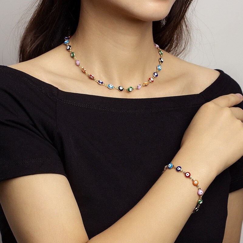 18K Gold Plated Handmade Dainty Evil Eye Bead Bracelet, Minimalistic Protection Blue Evil Eye Charm Thin Bracelet, Gift for Her