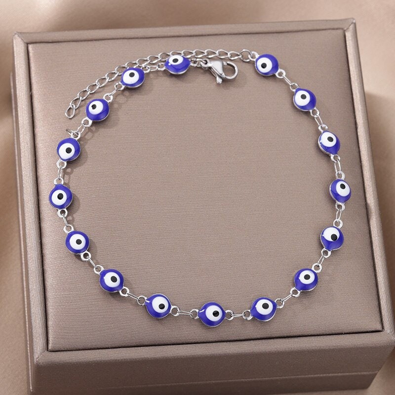 18K Gold Plated Handmade Dainty Evil Eye Bead Bracelet, Minimalistic Protection Blue Evil Eye Charm Thin Bracelet, Gift for Her