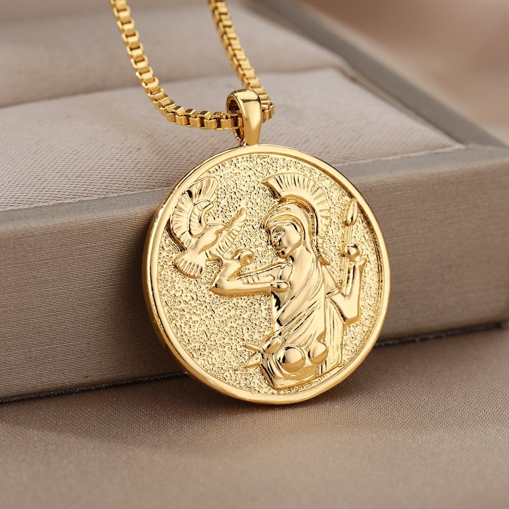 Greek Goddess Athena Coin Pendant, Gold Goddess Necklace, 18K Gold Plated Dainty