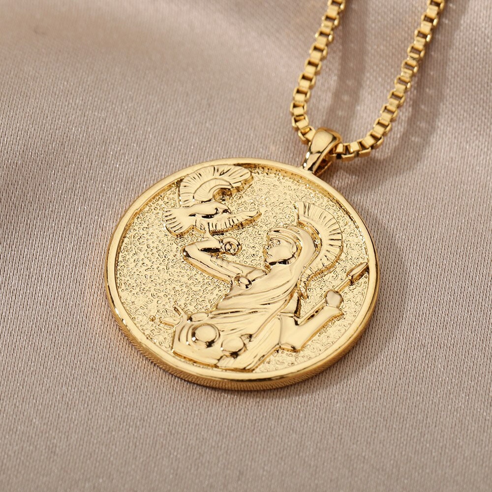 Greek Goddess Athena Coin Pendant, Gold Goddess Necklace, 18K Gold Plated Dainty