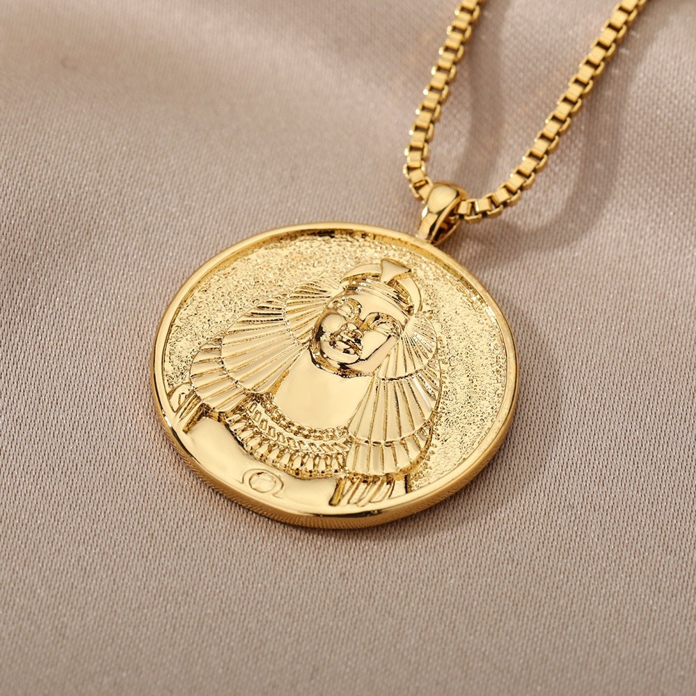 Greek Mythology Cleopatra Goddess, 18K Gold Plated Pendant For Women, Gothic Dainty Necklace, Choker Chain, Punk Minimalist Layering Coin