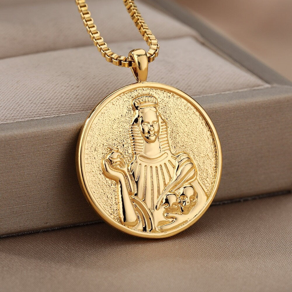 Greek Goddess Persephone Coin Pendant, Gold Goddess Necklace, 18K Gold Plated