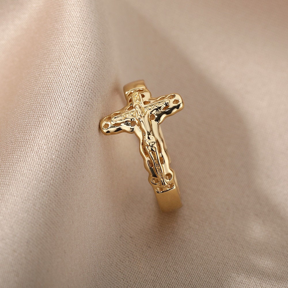 Dainty Catholic Cross Ring, Gold Religious Cross Ring, 18K Gold Plated Gothic