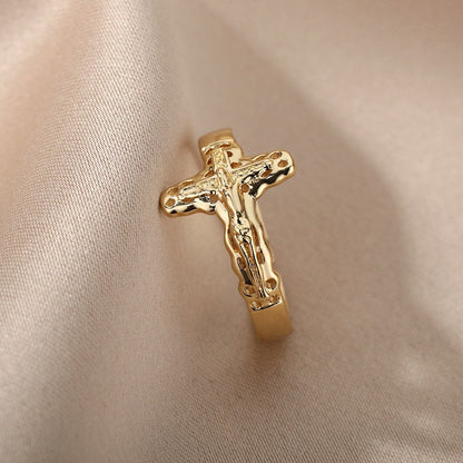 Dainty Catholic Cross Ring, Gold Religious Cross Ring, 18K Gold Plated Gothic