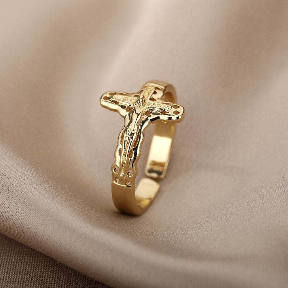 Dainty Catholic Cross Ring, Gold Religious Cross Ring, 18K Gold Plated Gothic