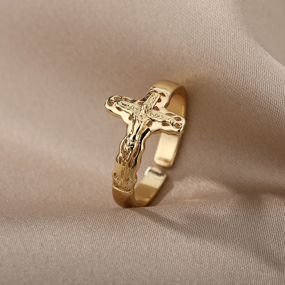 Dainty Catholic Cross Ring, Gold Religious Cross Ring, 18K Gold Plated Gothic