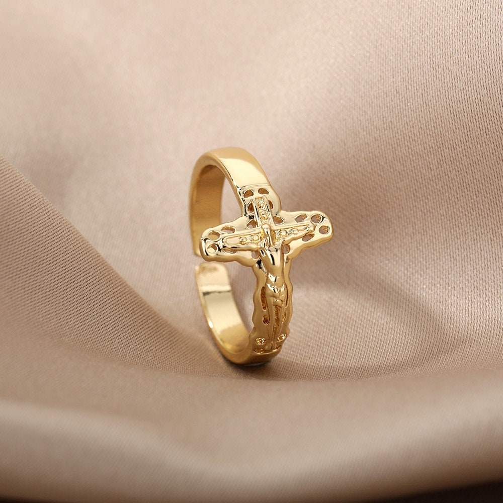 Dainty Catholic Cross Ring, Gold Religious Cross Ring, 18K Gold Plated Gothic