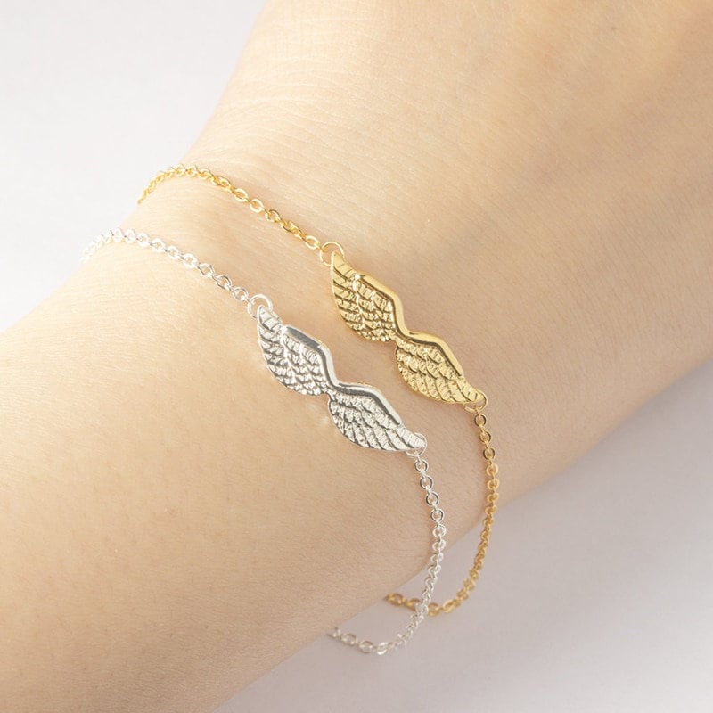 Angel Wings Charm, 18K Gold Layered Gothic Bracelet, Dainty Minimalist Jewelry, Delicate Handmade for Women, Gift for Her