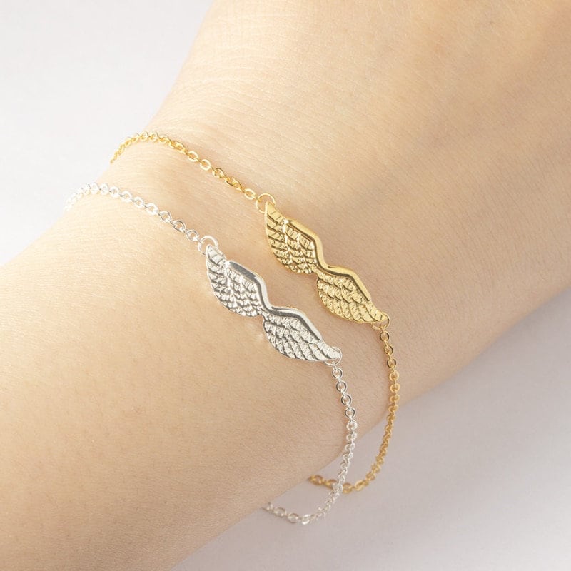 Angel Wings Charm, 18K Gold Layered Gothic Bracelet, Dainty Minimalist Jewelry, Delicate Handmade for Women, Gift for Her