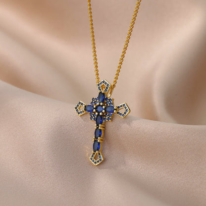 Gothic Cross Necklace, Crystal Cross Necklace, 18K Gold Cross Fashion Necklace for Women, Gift for Her