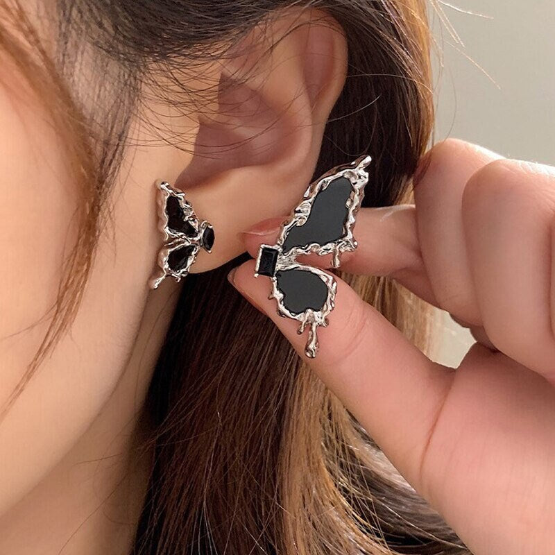 Punk Black Butterfly Wings, Silver Everyday Earrings, Gothic Dainty Minimalist Jewelry, Delicate Handmade for Women, Gift for Her