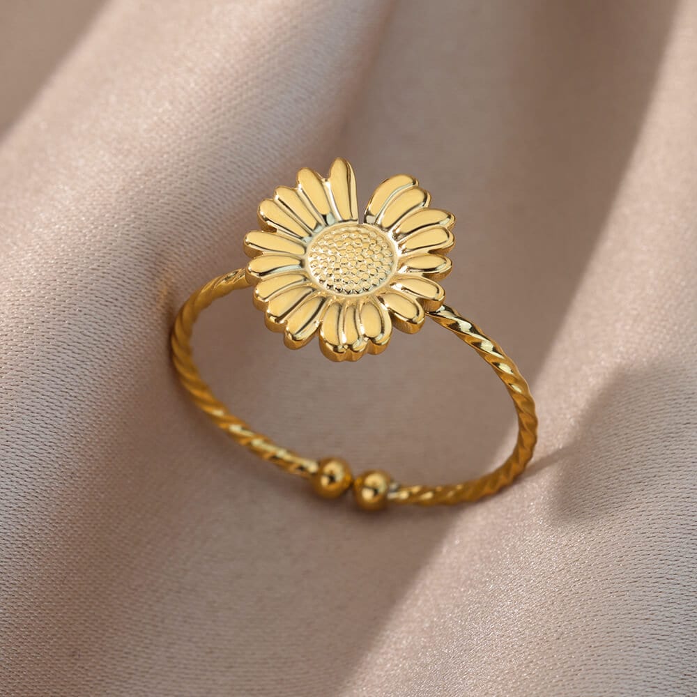 Boho Sunflower Charm, 18K Gold Yogi Stackable Ring, Dainty Minimalist Jewelry, Delicate Handmade for Women, Gift for Her