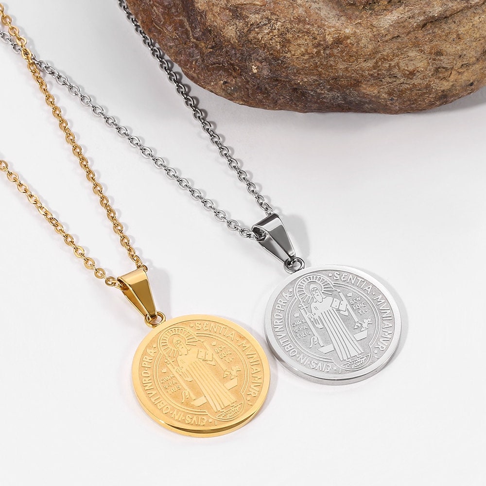 Saint Benedict Coin Pendant, 18K Gold Layered Necklace, Gothic Dainty Minimalist Jewelry, Delicate Handmade for Women, Gift for Her