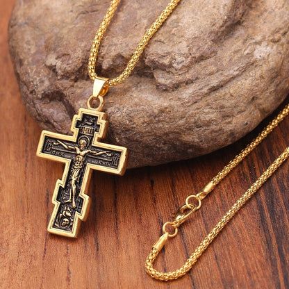 Catholic Jesus Cross Pendant, 18K Gold Layered Necklace, Gothic Dainty Minimalist Jewelry, Delicate Handmade for Women, Gift for Her