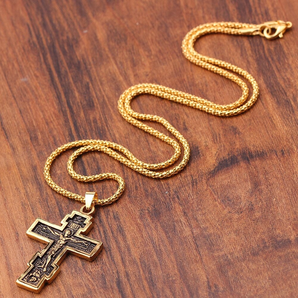 Catholic Jesus Cross Pendant, 18K Gold Layered Necklace, Gothic Dainty Minimalist Jewelry, Delicate Handmade for Women, Gift for Her