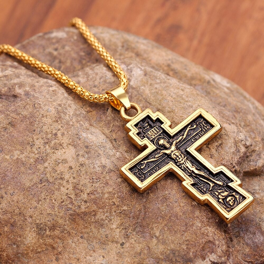 Catholic Jesus Cross Pendant, 18K Gold Layered Necklace, Gothic Dainty Minimalist Jewelry, Delicate Handmade for Women, Gift for Her