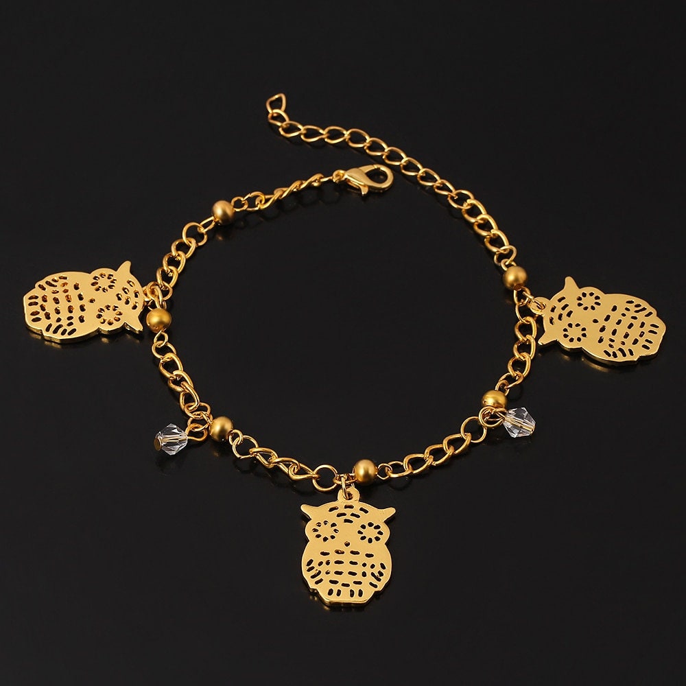 Punk Cute Wise Owl Charm, 18K Gold Layered Gothic Bracelet, Dainty Minimalist Jewelry, Delicate Handmade for Women, Gift for Her