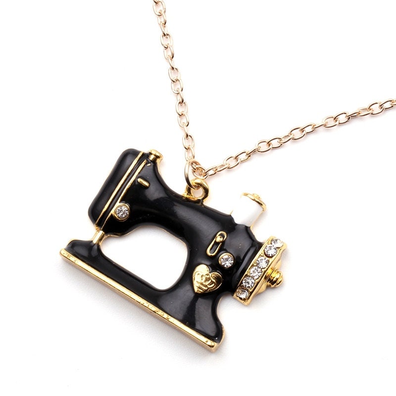 Punk Black Sewing Machine Pendant, 18K Gold Layered Necklace, Gothic Dainty Minimalist Jewelry, Delicate Handmade for Women, Gift for Her